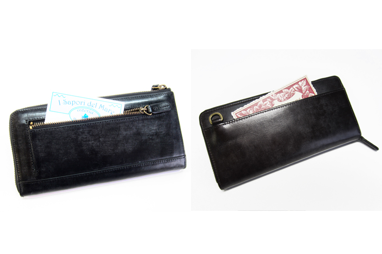 ブライドルレザーのL字・ラウンドジップ長財布の背面のジッパーポケット・ラウンドのオープンポケットの部分カット