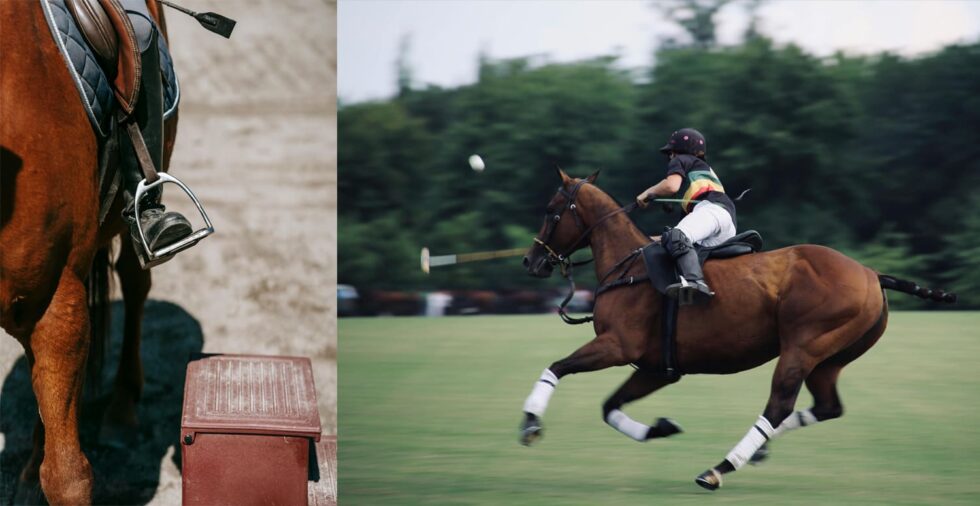 英国の乗馬スポーツ、クリケットを競う人馬の写真とブライドルレザーが使われている馬具のサドル鐙の拡大写真